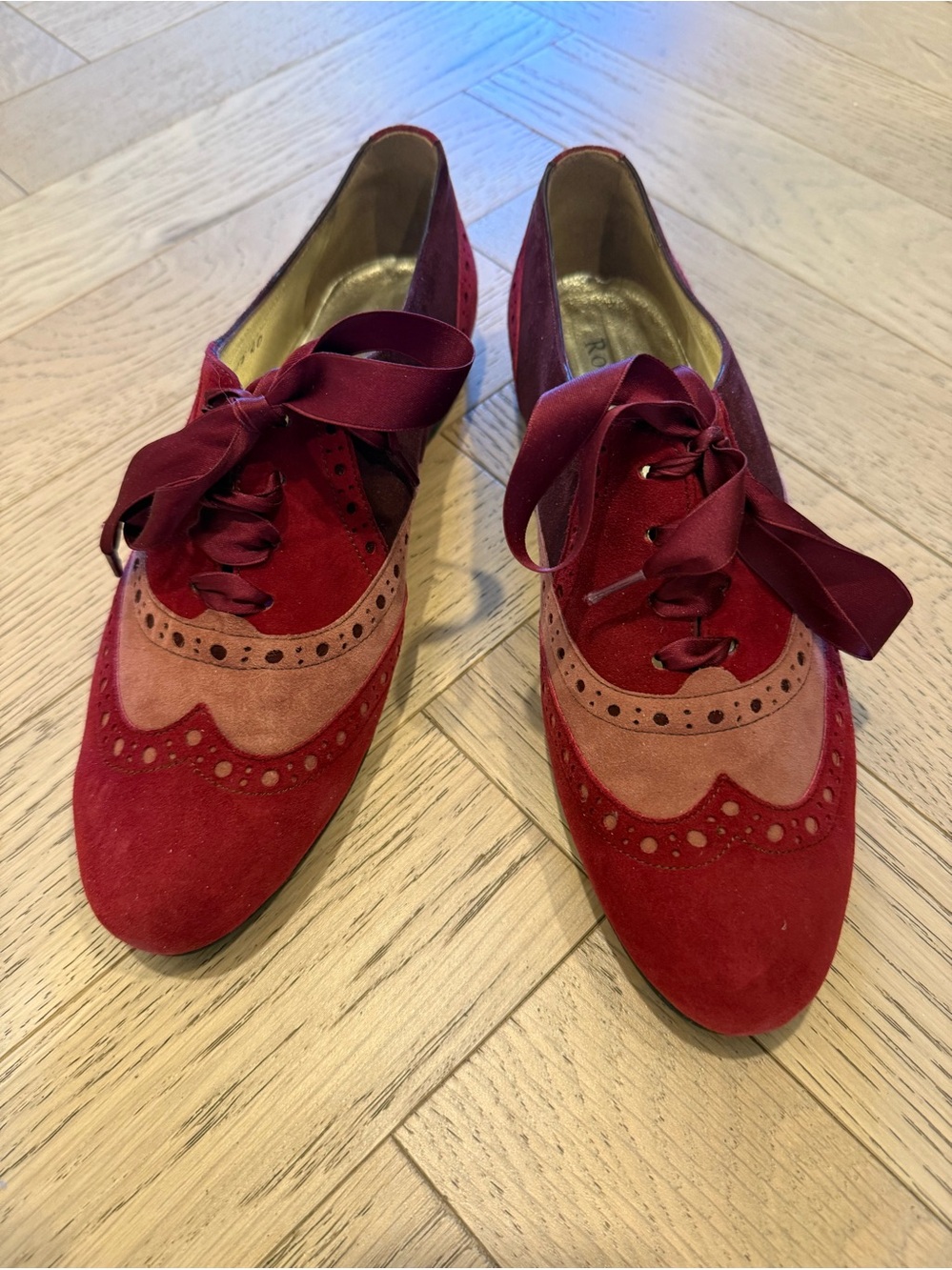Women's Two-Tone Red Suede Wingtip Flats with Satin Ribbon Laces